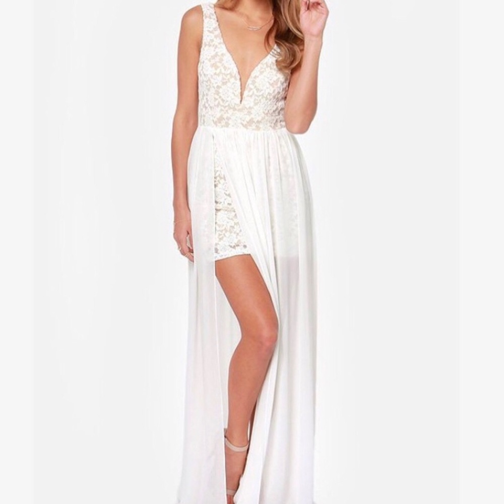 Lulus White, Beige Lace Maxi Dress.